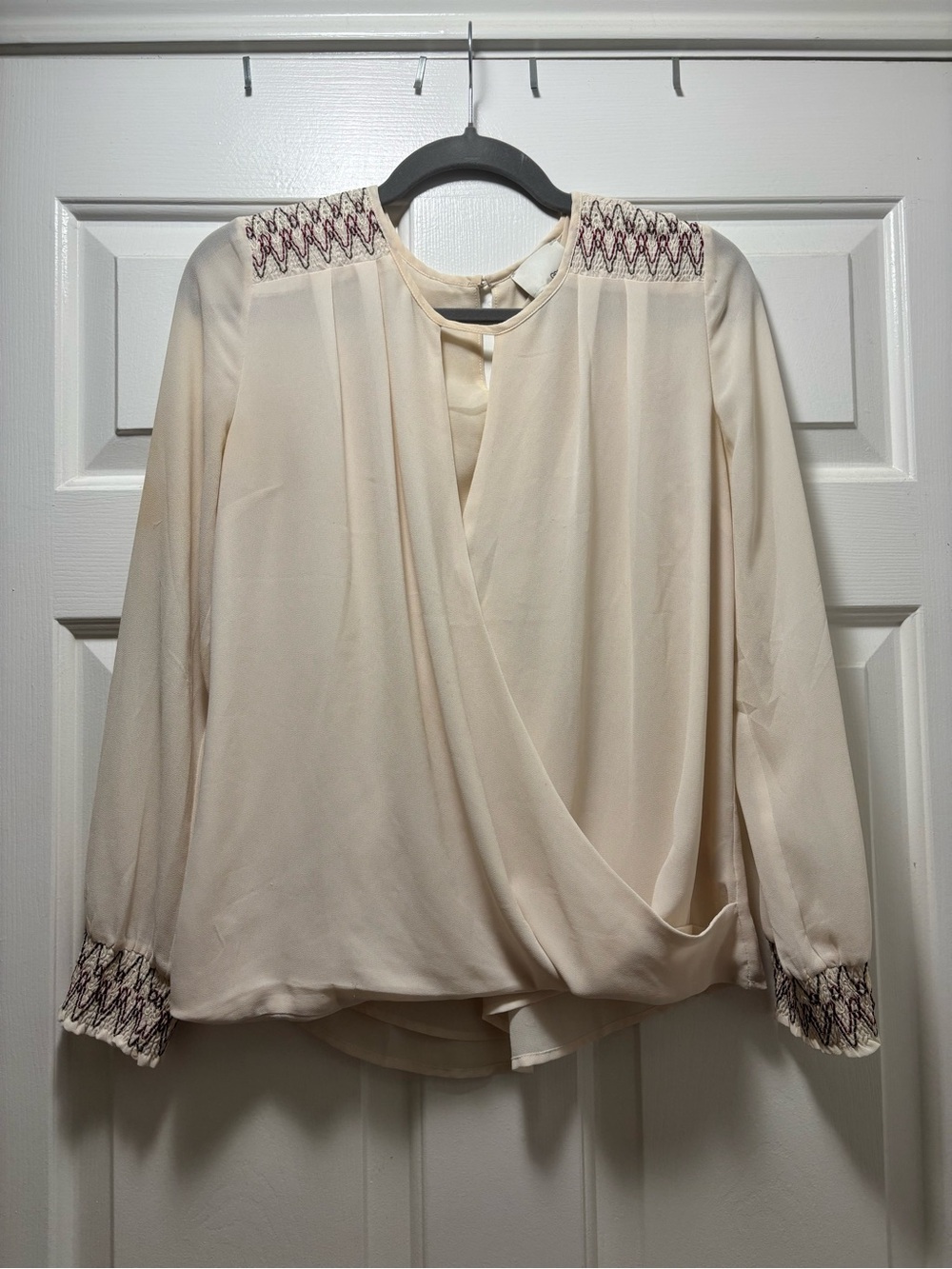 Greylin Cream Wrap Blouse with Embroidered Shoulders